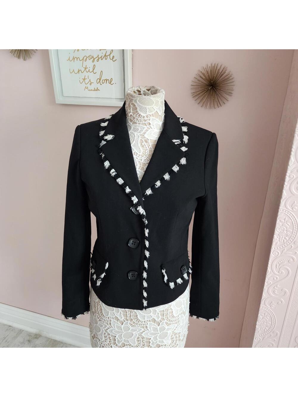 Spanner Black Blazer White Fringed Tweed Trim Women’s Small